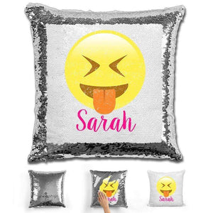 Squinting Eyes Emoji Personalized Magic Sequin Pillow Pillow GLAM Silver 