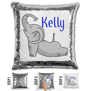Happy Elephant Personalized Magic Sequin Pillow Pillow GLAM Blue 