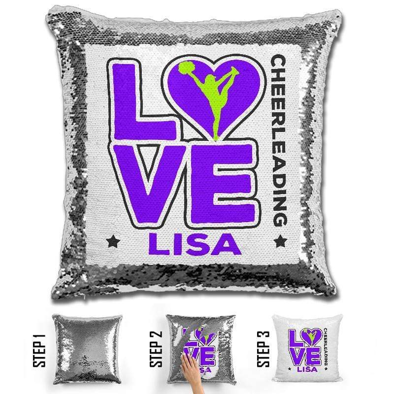 Personalized LOVE Cheer Magic Sequin Pillow Pillow GLAM Purple 