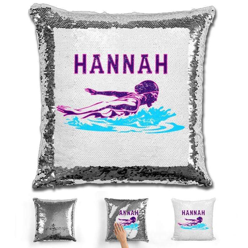 Swimming Personalized Magic Sequin Pillow Pillow GLAM Silver Pink 