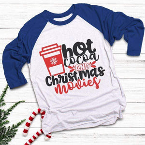 Hot Cocoa Christmas Movies Raglan T-Shirts CustomCat White/Royal X-Small 