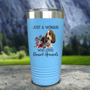 A Woman Who Loves Basset Hounds Color Printed Tumblers Tumbler Nocturnal Coatings 20oz Tumbler Light Blue 