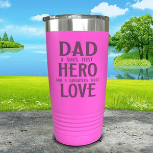 Dad A Son's First Hero Daughters First Love Engraved Tumbler Tumbler ZLAZER 20oz Tumbler Pink 