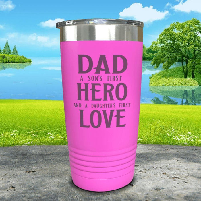 Dad A Son's First Hero Daughters First Love Engraved Tumbler Tumbler ZLAZER 20oz Tumbler Pink 