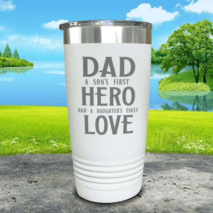 Dad A Son's First Hero Daughters First Love Engraved Tumbler Tumbler ZLAZER 20oz Tumbler White 