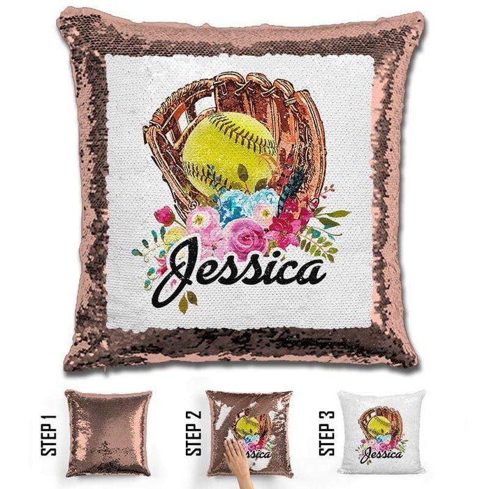 NEW Custom Softball Magic Sequin Pillow Pillow GLAM Rose Gold 