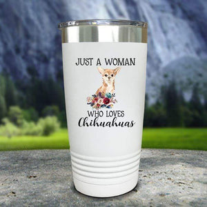 A Woman Who Loves Chihuahuas Color Printed Tumblers Tumbler Nocturnal Coatings 20oz Tumbler White 