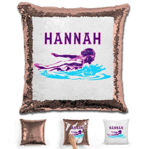 Swimming Personalized Magic Sequin Pillow Pillow GLAM Rose Gold Pink 