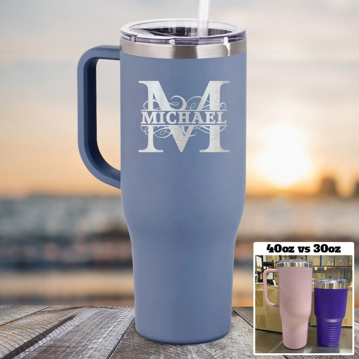 Personalized Split Monogram 40 oz Tumbler with Handle and Slider Lid