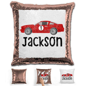 Race Car Personalized Magic Sequin Pillow Pillow GLAM Rose Gold 