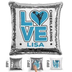 Personalized LOVE Cheer Magic Sequin Pillow Pillow GLAM Light Blue 