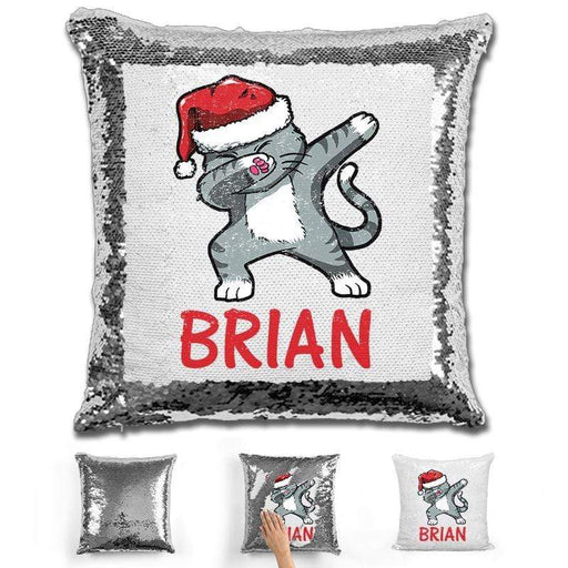 Personalized "Dab" Cat Christmas Magic Sequin Pillow Pillow GLAM Silver 