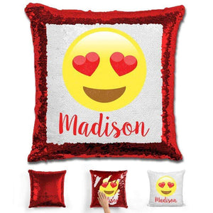 Heart Eyes Emoji Personalized Magic Sequin Pillow Pillow GLAM Red 