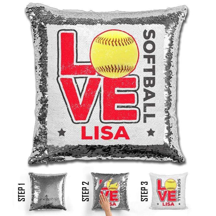 Personalized LOVE Softball Magic Sequin Pillow Pillow GLAM Silver Red 