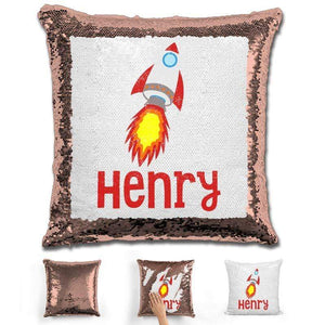 Rocket Ship Personalized Magic Sequin Pillow Pillow GLAM Rose Gold 
