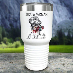 A Woman Who Loves Dachshunds Color Printed Tumblers Tumbler Nocturnal Coatings 30oz Tumbler White 