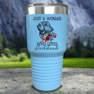 A Woman Who Loves Dachshunds Color Printed Tumblers Tumbler Nocturnal Coatings 30oz Tumbler Light Blue 