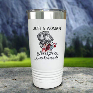 A Woman Who Loves Dachshunds Color Printed Tumblers Tumbler Nocturnal Coatings 20oz Tumbler White 