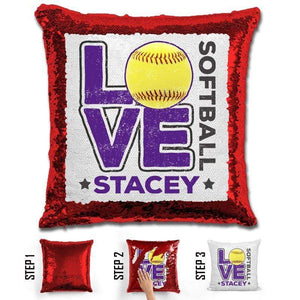 Personalized LOVE Softball Magic Sequin Pillow Pillow GLAM Red Purple 