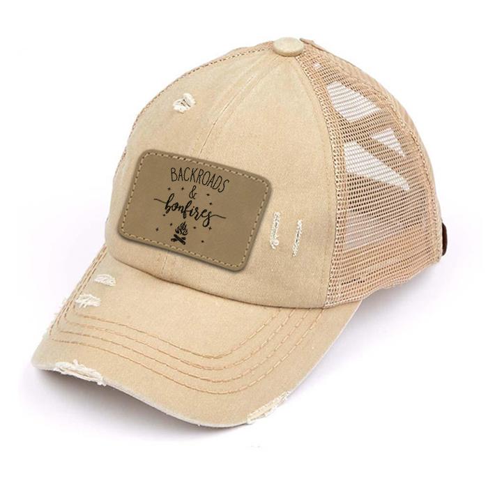 Engraved Distressed Backroads & Bonfires Patch Premium Ponytail Hat