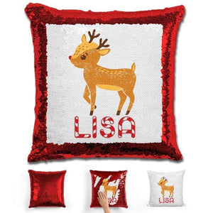 Personalized Reindeer Christmas Magic Sequin Pillow Pillow GLAM Red 