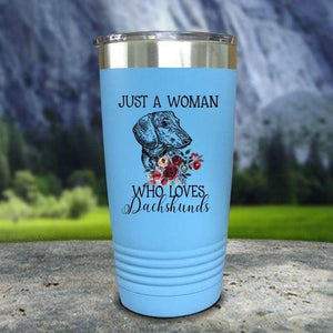 A Woman Who Loves Dachshunds Color Printed Tumblers Tumbler Nocturnal Coatings 20oz Tumbler Light Blue 