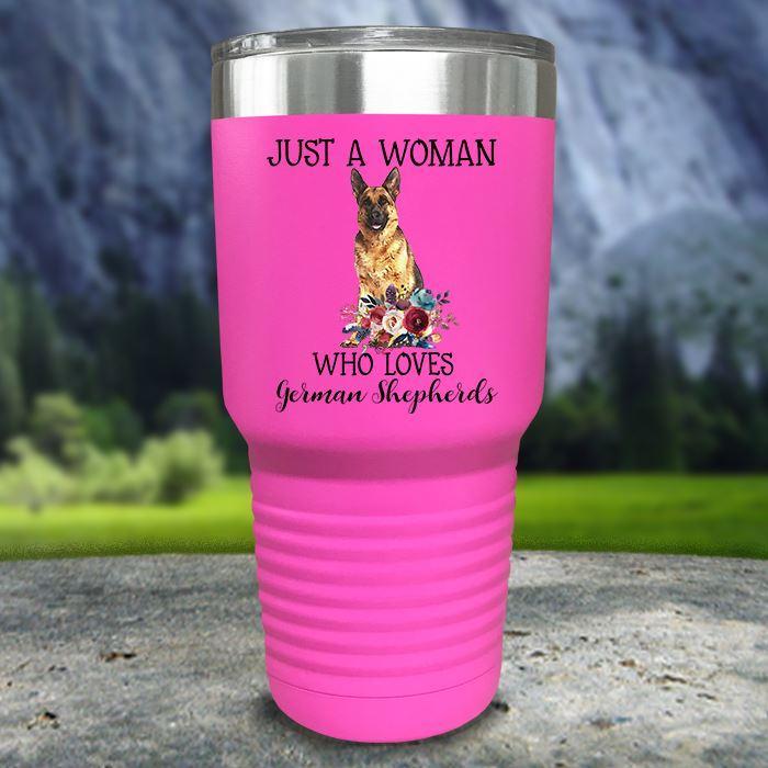 A Woman Who Loves German Shepherds Color Printed Tumblers Tumbler Nocturnal Coatings 30oz Tumbler Pink 