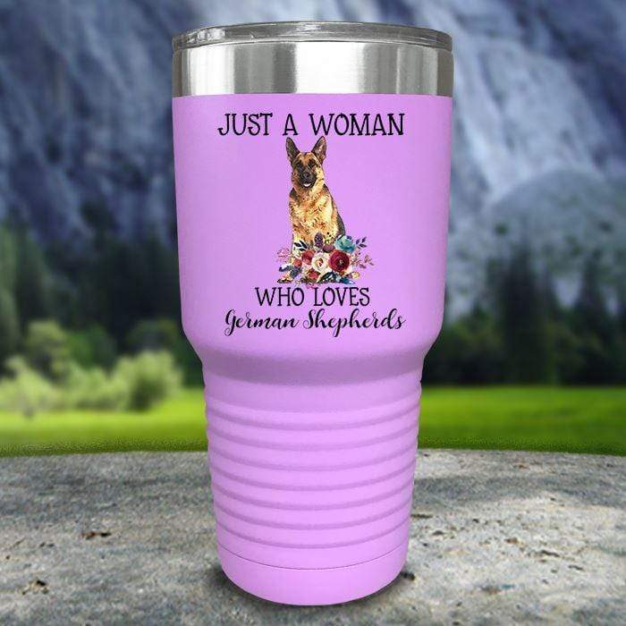 A Woman Who Loves German Shepherds Color Printed Tumblers Tumbler Nocturnal Coatings 30oz Tumbler Lavender 