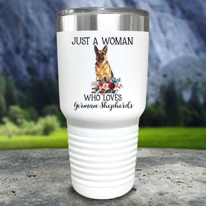 A Woman Who Loves German Shepherds Color Printed Tumblers Tumbler Nocturnal Coatings 30oz Tumbler White 