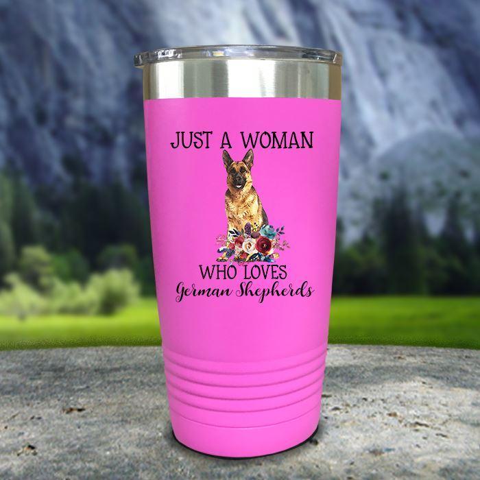 A Woman Who Loves German Shepherds Color Printed Tumblers Tumbler Nocturnal Coatings 20oz Tumbler Pink 