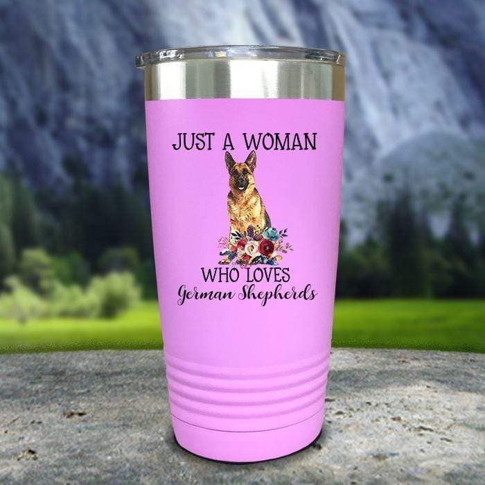 A Woman Who Loves German Shepherds Color Printed Tumblers Tumbler Nocturnal Coatings 20oz Tumbler Lavender 