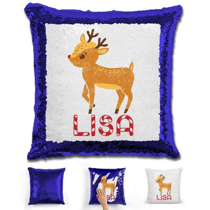 Personalized Reindeer Christmas Magic Sequin Pillow Pillow GLAM Blue 