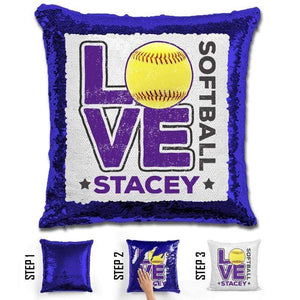 Personalized LOVE Softball Magic Sequin Pillow Pillow GLAM Blue Purple 