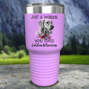A Woman Who Loves Golden Retriever Color Printed Tumblers Tumbler Nocturnal Coatings 30oz Tumbler Lavender 