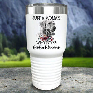 A Woman Who Loves Golden Retriever Color Printed Tumblers Tumbler Nocturnal Coatings 30oz Tumbler White 
