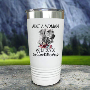 A Woman Who Loves Golden Retriever Color Printed Tumblers Tumbler Nocturnal Coatings 20oz Tumbler White 