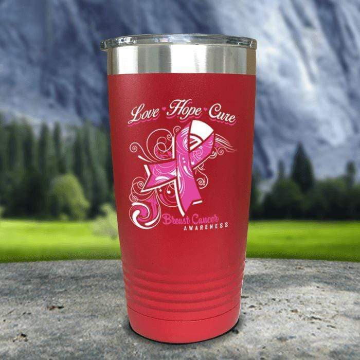 Love Hope Cure Breast Cancer Color Printed Tumblers Tumbler ZLAZER 20oz Tumbler Red 