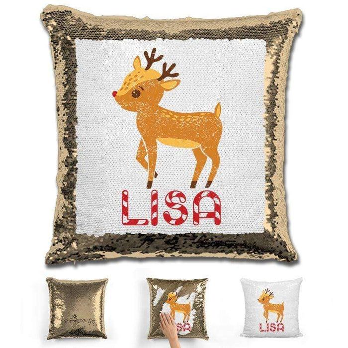 Personalized Reindeer Christmas Magic Sequin Pillow Pillow GLAM Gold 