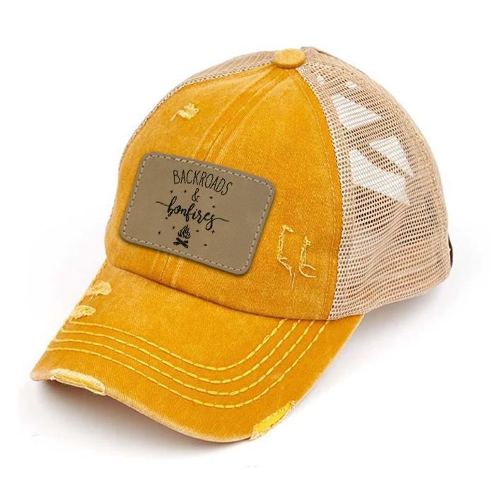 Engraved Distressed Backroads & Bonfires Patch Premium Ponytail Hat