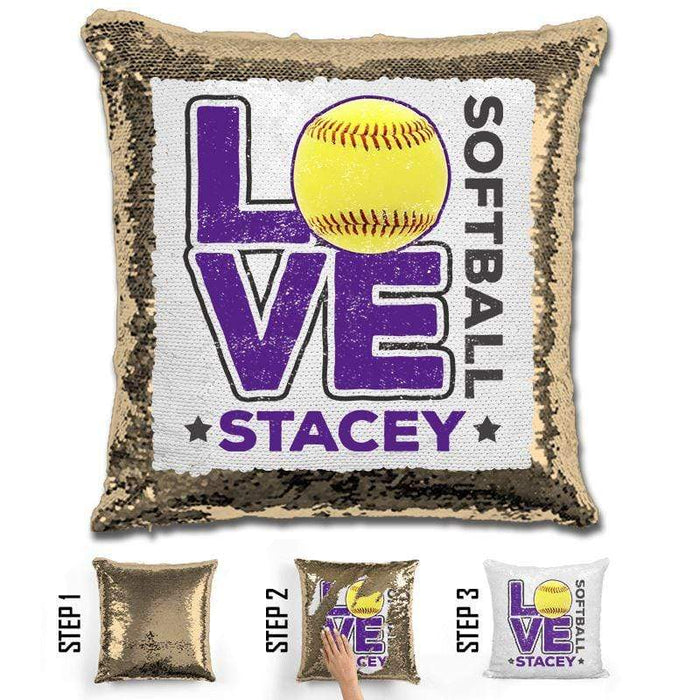 Personalized LOVE Softball Magic Sequin Pillow Pillow GLAM Gold Purple 