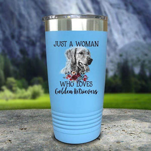 A Woman Who Loves Golden Retriever Color Printed Tumblers Tumbler Nocturnal Coatings 20oz Tumbler Light Blue 