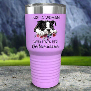 A Woman Who Loves Her Boston Terrier Color Printed Tumblers Tumbler Nocturnal Coatings 30oz Tumbler Lavender 