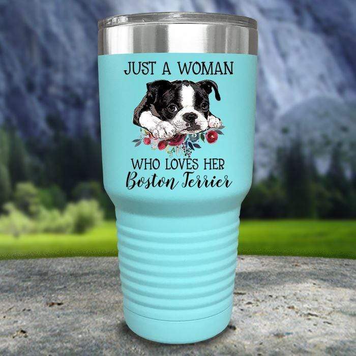 A Woman Who Loves Her Boston Terrier Color Printed Tumblers Tumbler Nocturnal Coatings 30oz Tumbler Mint 