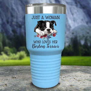A Woman Who Loves Her Boston Terrier Color Printed Tumblers Tumbler Nocturnal Coatings 30oz Tumbler Light Blue 