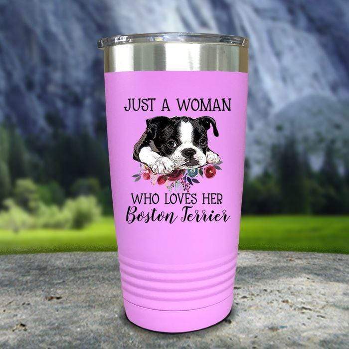 A Woman Who Loves Her Boston Terrier Color Printed Tumblers Tumbler Nocturnal Coatings 20oz Tumbler Lavender 