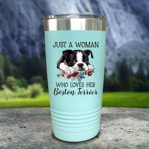 A Woman Who Loves Her Boston Terrier Color Printed Tumblers Tumbler Nocturnal Coatings 20oz Tumbler Mint 