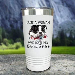 A Woman Who Loves Her Boston Terrier Color Printed Tumblers Tumbler Nocturnal Coatings 20oz Tumbler White 