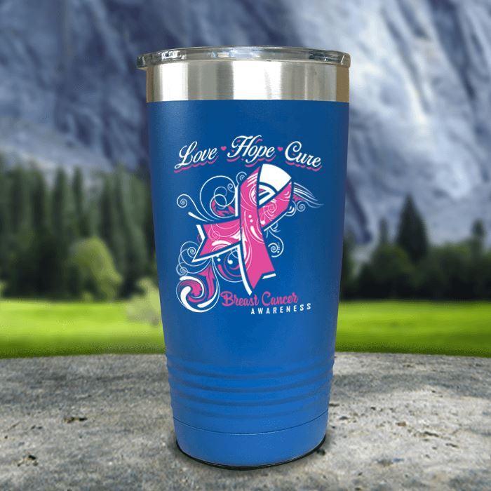 Love Hope Cure Breast Cancer Color Printed Tumblers Tumbler ZLAZER 20oz Tumbler Blue 