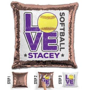 Personalized LOVE Softball Magic Sequin Pillow Pillow GLAM Rose Gold Purple 