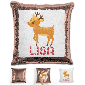 Personalized Reindeer Christmas Magic Sequin Pillow Pillow GLAM Rose Gold 